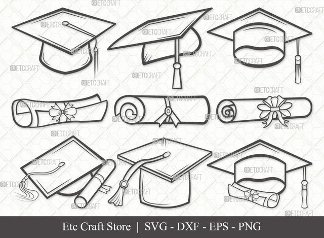 Graduation Cap Outline SVG Cut File | Cap Svg | Graduation Svg | Grad Cap Svg | Bundle | Eps | Dxf | Png SVG ETC Craft 