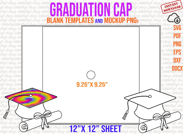 Graduation Cap Template, Blank Graduation Cap, Graduation Cap Svg, Tassel Toppers Template, 9.25x9.25 Inch Template, Svg, Dxf, Docx, Eps SVG 1966digi 