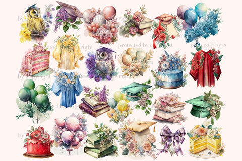 Graduation Watercolor Clipart | Flowers Graphics Bundle PNG SVG GlamArtZhanna 