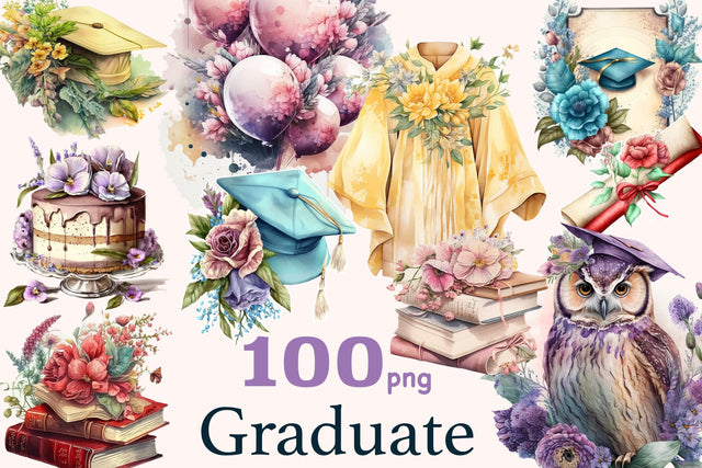 Graduation Watercolor Clipart | Flowers Graphics Bundle PNG SVG GlamArtZhanna 
