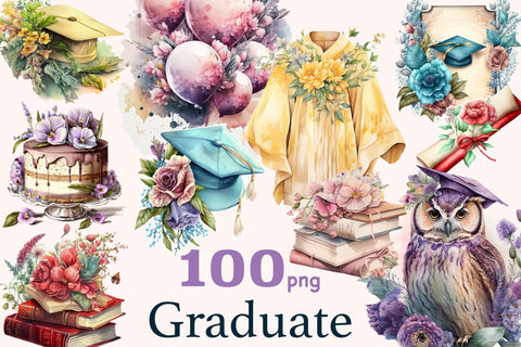 Graduation Watercolor Clipart | Flowers Graphics Bundle PNG SVG GlamArtZhanna 