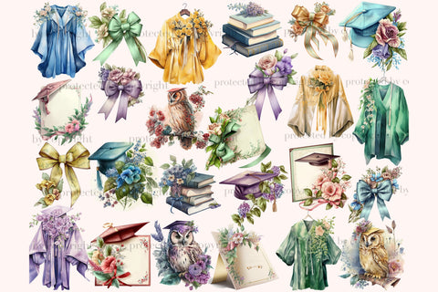 Graduation Watercolor Clipart | Flowers Graphics Bundle PNG SVG GlamArtZhanna 