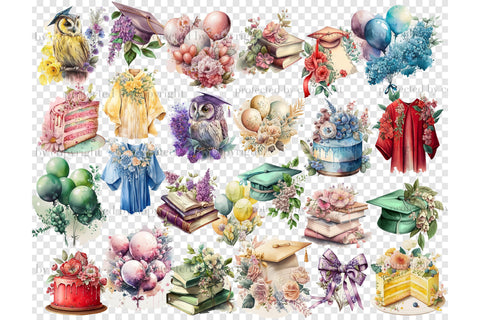 Graduation Watercolor Clipart | Flowers Graphics Bundle PNG SVG GlamArtZhanna 