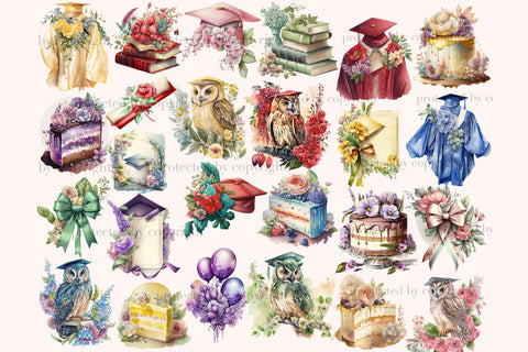 Graduation Watercolor Clipart | Flowers Graphics Bundle PNG SVG GlamArtZhanna 