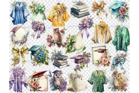 Graduation Watercolor Clipart | Flowers Graphics Bundle PNG SVG GlamArtZhanna 