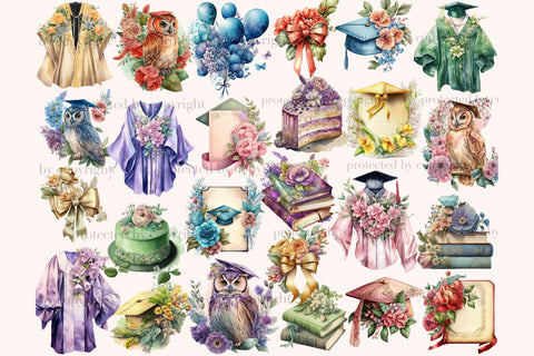 Graduation Watercolor Clipart | Flowers Graphics Bundle PNG SVG GlamArtZhanna 