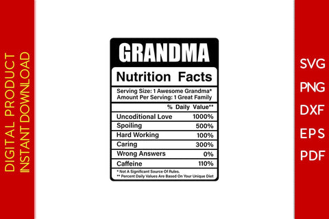 Grandma Nutrition Facts SVG PNG PDF Cut File - So Fontsy