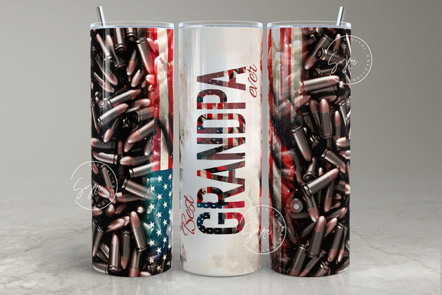 Grandpa Tumbler, USA Flag, 3D Metallic, Bullet Pattern, Fathers Day Tumbler, 2nd Amendment Tumbler Wrap, 20 oz Skinny Tumbler, Digital Sublimation Syre Digital Creations 