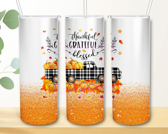 Grateful Thankful Blessed Plaid Truck Pumpink Thanksgiving 20 oz Skinny Tumbler Sublimation Design Sublimation sassyprint 