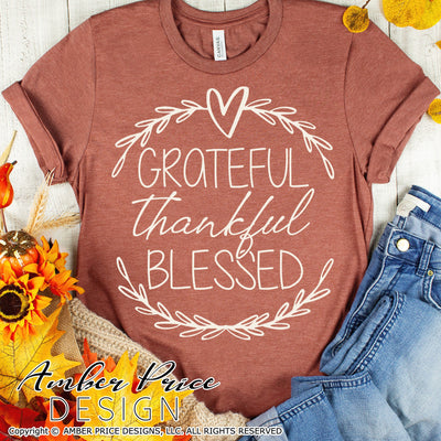 Grateful Thankful Blessed SVG | Thanksgiving SVG PNG DXF | Cute Fall SVG | Laurel Wreath BOHO Decor SVGs SVG Amber Price Design 