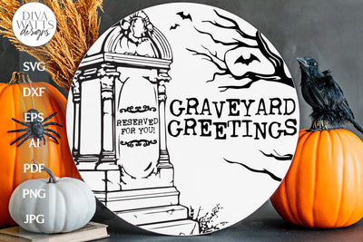 Graveyard Greetings SVG Welcome For Halloween Door Hanger SVG With Tombstone Halloween SVG Creepy Graveyard svg for Halloween Door Hanger SVG Diva Watts Designs 