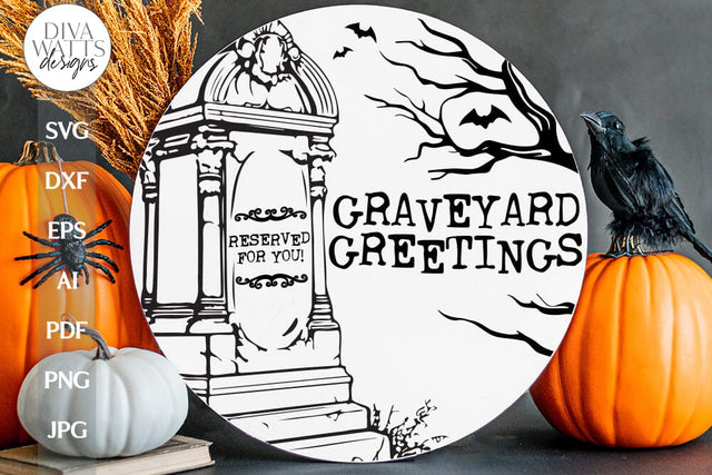 Graveyard Greetings SVG Welcome For Halloween Door Hanger SVG With Tombstone Halloween SVG Creepy Graveyard svg for Halloween Door Hanger SVG Diva Watts Designs 