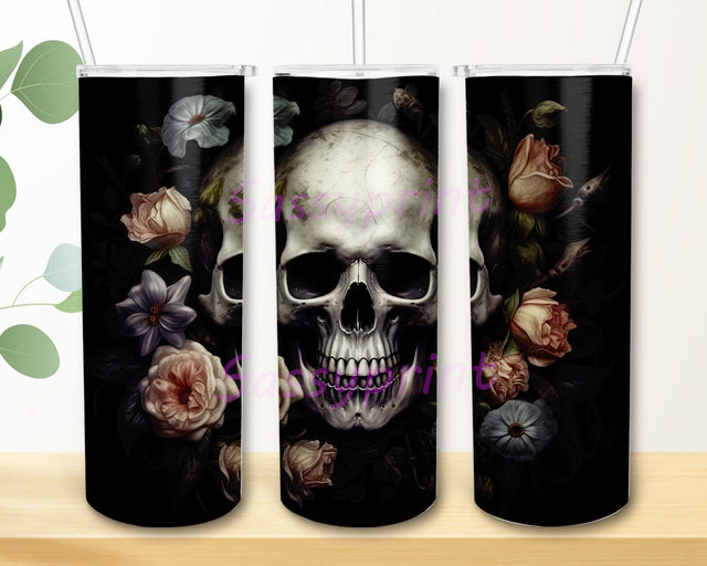 Gray Skull Flower 20oz Skinny Tumbler Png, Rose Floral Tumbler, Black Skull And Roses Tumbler, Floral Skull Tumbler Wrap, Skull Tumbler Png, 3D Gothic Flowers Skull Png Sublimation sassyprint 