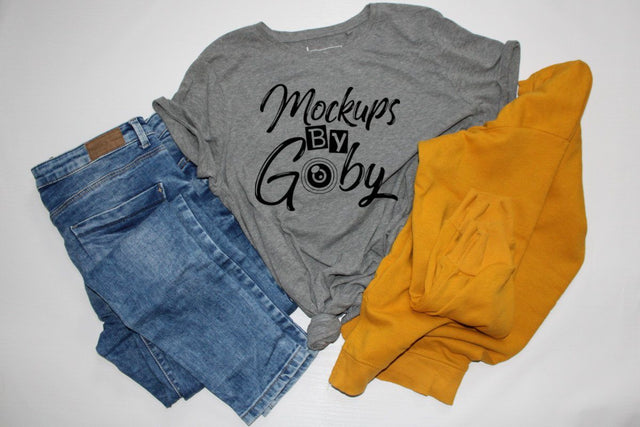 Gray T-shirt Mockups, Jeans Template, Rolled Sleeve, Shirt Mock Up, Bella Canvas 3001 Tshirt,Flat Lays Pictures, Digital,Download Jpg Files Mock Up Photo ArtStudio 