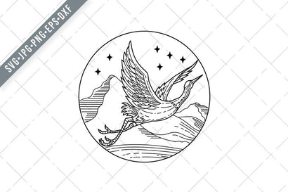 Great Blue Heron Flying Over Mountains With Stars Circle Mono Line Style Black and White SVG Patrimonio Designs Limited 