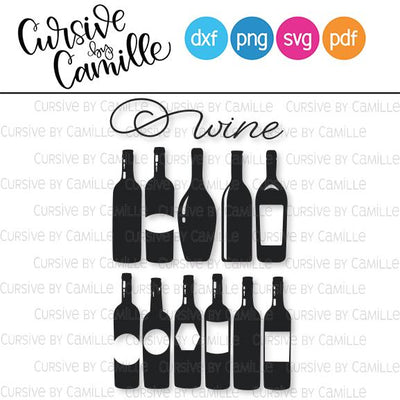 Great Variety of Wine Bottles Cut File SVG Cursive by Camille 