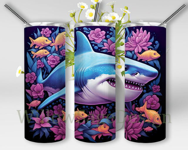 Great White Shark Daisies 20oz Skinny Tumbler Png, Shark Spring Flowers Tumbler, Sea Ocean Animals Design Png, Beach Vacation Tumbler, Tropical Floral Png, Marine Animal Png Sublimation WillowSageDesign 