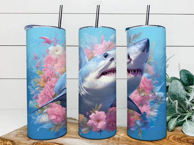 Great White Shark Flowers 20oz Skinny Tumbler Png, Shark Spring Flowers Tumbler, Sea Ocean Animals Design Png, Beach Vacation Tumbler, Tropical Floral Png, Marine Animal Png Sublimation iStyleDesign 