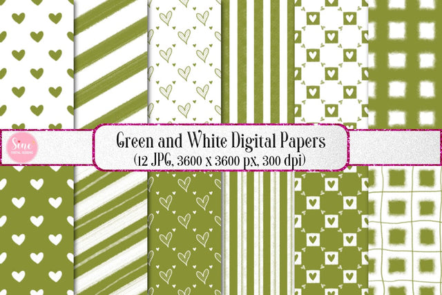 Green and White Valentines Digital Papers Backgrounds Set Digital Pattern SineDigitalDesign 