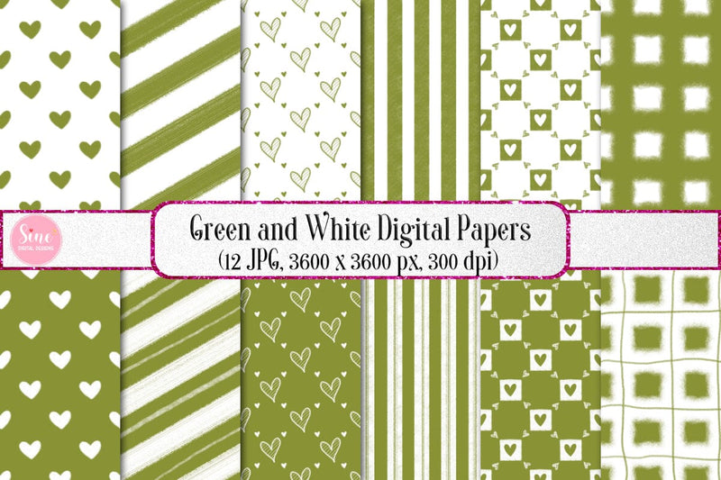 Green and White Valentines Digital Papers Backgrounds Set Digital Pattern SineDigitalDesign 