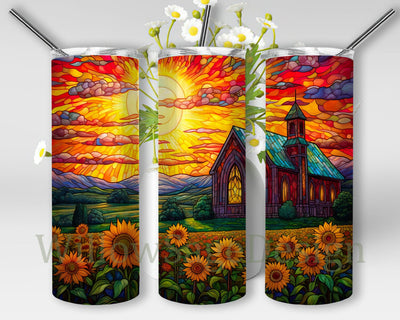 Green Field Full Of Yellow Stained Glass Sunflowers 20oz Skinny Tumbler Png, Purple And Red Clouds, Sunflower Sun Png, Houses On Green Yellow Fields Png Sublimation WillowSageDesign 