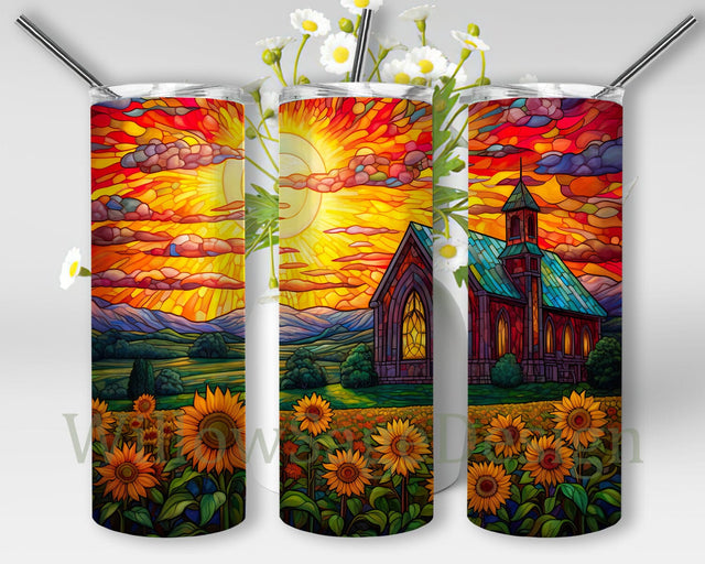 Green Field Full Of Yellow Stained Glass Sunflowers 20oz Skinny Tumbler Png, Purple And Red Clouds, Sunflower Sun Png, Houses On Green Yellow Fields Png Sublimation WillowSageDesign 