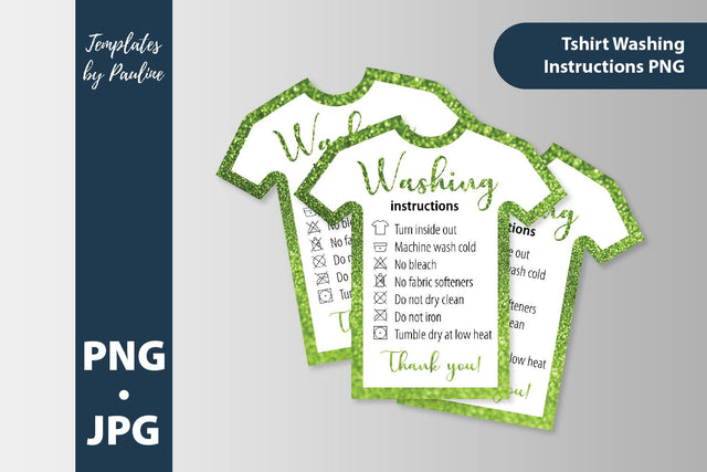 Green glitter t-shirt washing instructions card. Shirt care card PNG SVG Templates by Pauline 