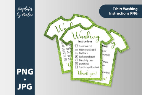 Green glitter t-shirt washing instructions card. Shirt care card PNG SVG Templates by Pauline 