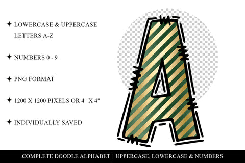 Green & Gold Doodle Letters, Christmas Sublimation Alpha Set Sublimation BijouBay 