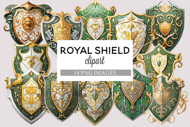 Green & Gold Royal Knight Shields Clipart - 13 PNG Images Sublimation BijouBay 