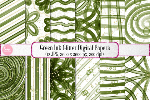 Green Ink Glitter Digital Papers Backgrounds Set Digital Pattern SineDigitalDesign 