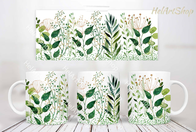 Green Leaves Mug PNG | Mug Wrap Sublimation Sublimation _HelArtShop_ 