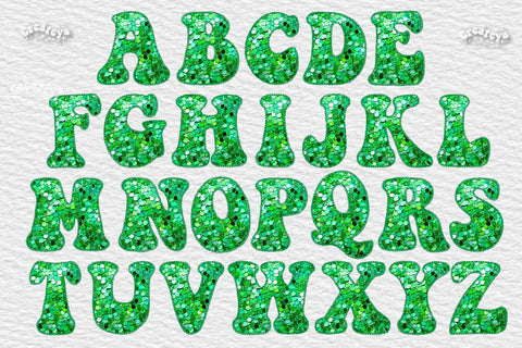 Green St Patrick’s Alphabet PNG Glitter Letters Numbers Symbols Glitter Sequins and Stitches Embroidery Sublimation Createya Design 