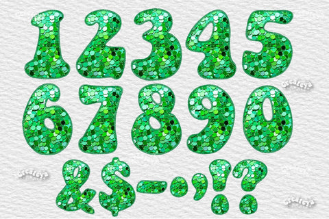 Green St Patrick’s Alphabet PNG Glitter Letters Numbers Symbols Glitter Sequins and Stitches Embroidery Sublimation Createya Design 