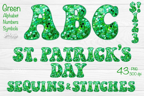 Green St Patrick’s Alphabet PNG Glitter Letters Numbers Symbols Glitter Sequins and Stitches Embroidery Sublimation Createya Design 
