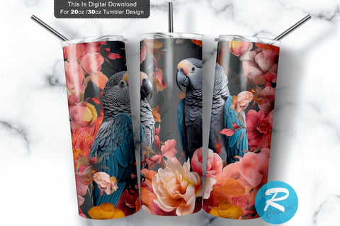 Grey Parrots Flowers 20 oz / 30 oz Tumbler PNG Sublimation Regulrcrative 