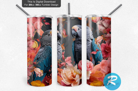 Grey Parrots Flowers 20 oz / 30 oz Tumbler PNG Sublimation Regulrcrative 