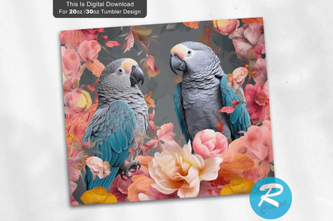 Grey Parrots Flowers 20 oz / 30 oz Tumbler PNG Sublimation Regulrcrative 