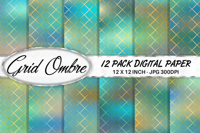 Grid pattern digital paper with gradient turquoise color background Digital Pattern artnoy 