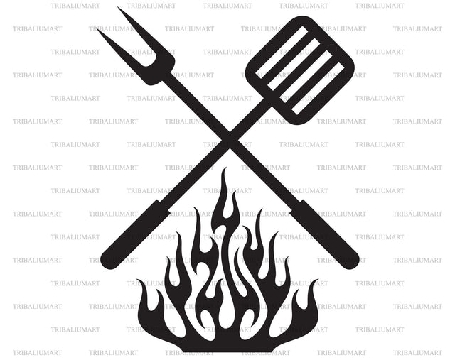 Grill design - barbecue. Crossed spatula and fork with fire SVG TribaliumArtSF 