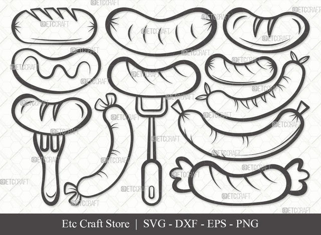 Grilled Sausage Outline SVG Cut File | Sausage Svg | Bbq Svg | Barbecue Svg | Bratwurst Svg | Bundle | Eps | Dxf | Png SVG ETC Craft 