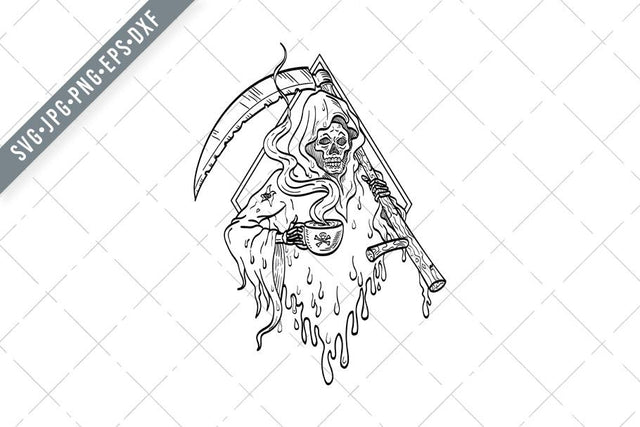 Grim Reaper Holding Smoking Hot Cup of Coffee and Scythe Tattoo Line Drawing Black and White SVG Patrimonio Designs Limited 