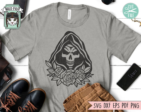 Grim Reaper SVG, Skull SVG, Halloween SVG, Flowers svg, Floral svg, Grim Reaper Clipart, Skull Clipart, Skull png, Grim Reaper Cricut svg SVG Wild Pilot 