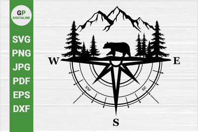 Grizzly Bear SVG, Compass SVG, Wilderness SVG, Mountain SVG, Forest SVG, Woods SVG, Pine Trees SVG, Wildlife SVG, Woodland Animal SVG, Nature SVG, Outdoor SVG SVG GPDigitaline 