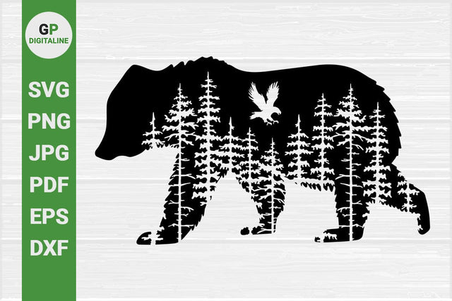 Grizzly Bear SVG, Eagle Flying SVG, Bird of Prey SVG, Forest SVG, Woods SVG, Pine Trees SVG, Wildlife SVG, Woodland Animals SVG, Wilderness SVG, Outdoor SVG, Nature SVG SVG GPDigitaline 