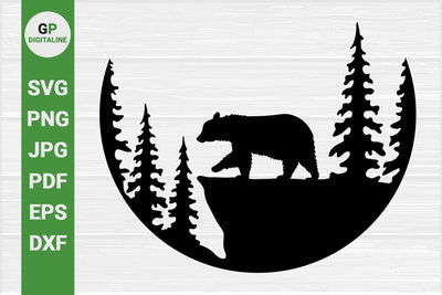 Grizzly Bear SVG, Wilderness SVG, Forest SVG, Woods SVG, Pine Trees SVG, Stone SVG, Wildlife SVG, Woodland Animal SVG, Nature SVG, Outdoor SVG, Circle SVG SVG GPDigitaline 