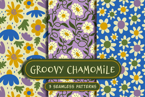 Groovy Chamomile Seamless Patterns Digital Pattern Rin Green 