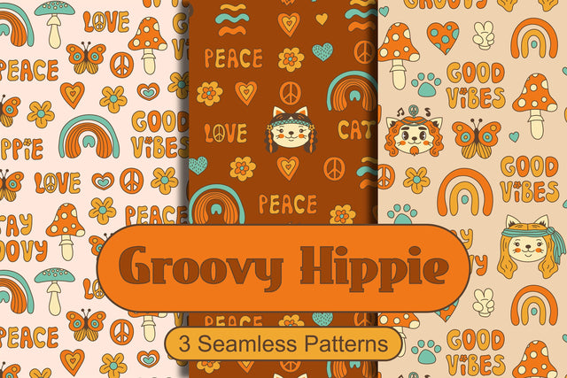 Groovy Hippie Seamless Patterns With Cat Digital Pattern Rin Green 