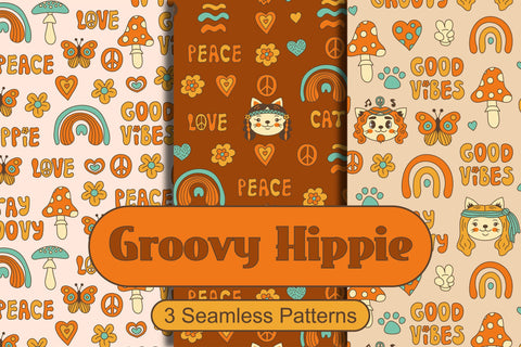 Groovy Hippie Seamless Patterns With Cat Digital Pattern Rin Green 