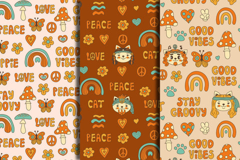 Groovy Hippie Seamless Patterns With Cat Digital Pattern Rin Green 